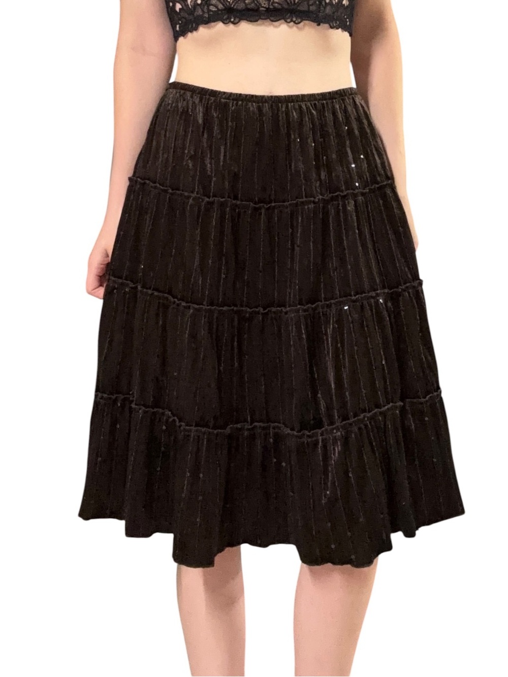 Gracie | Vintage Y2K Brown High Waisted Velvet Sequin Knee Length Skirt